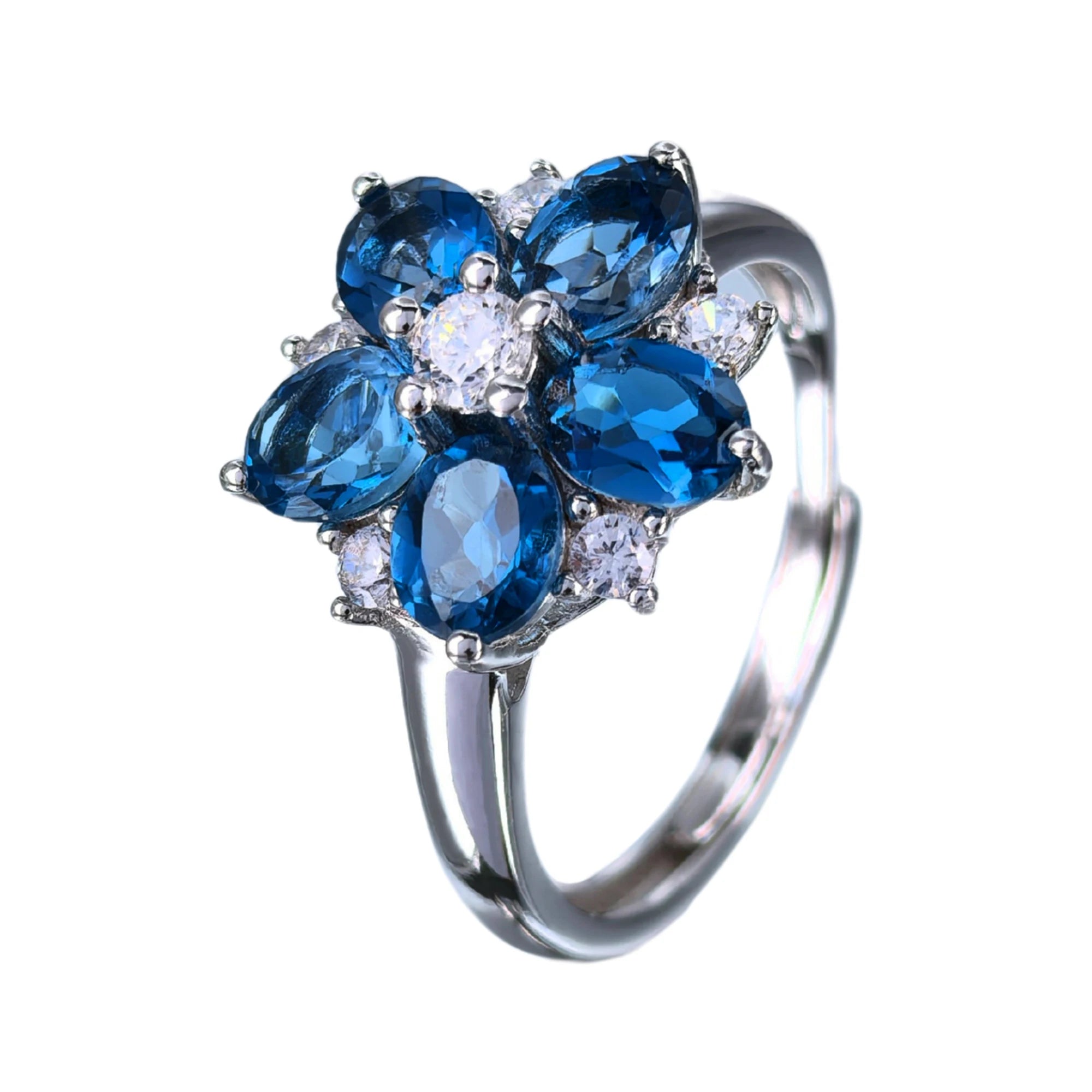 Elegant Rhodium Plated Silver 925 Jewelry Natural London Blue Topaz Flower Ring for Women Anniversary Gift