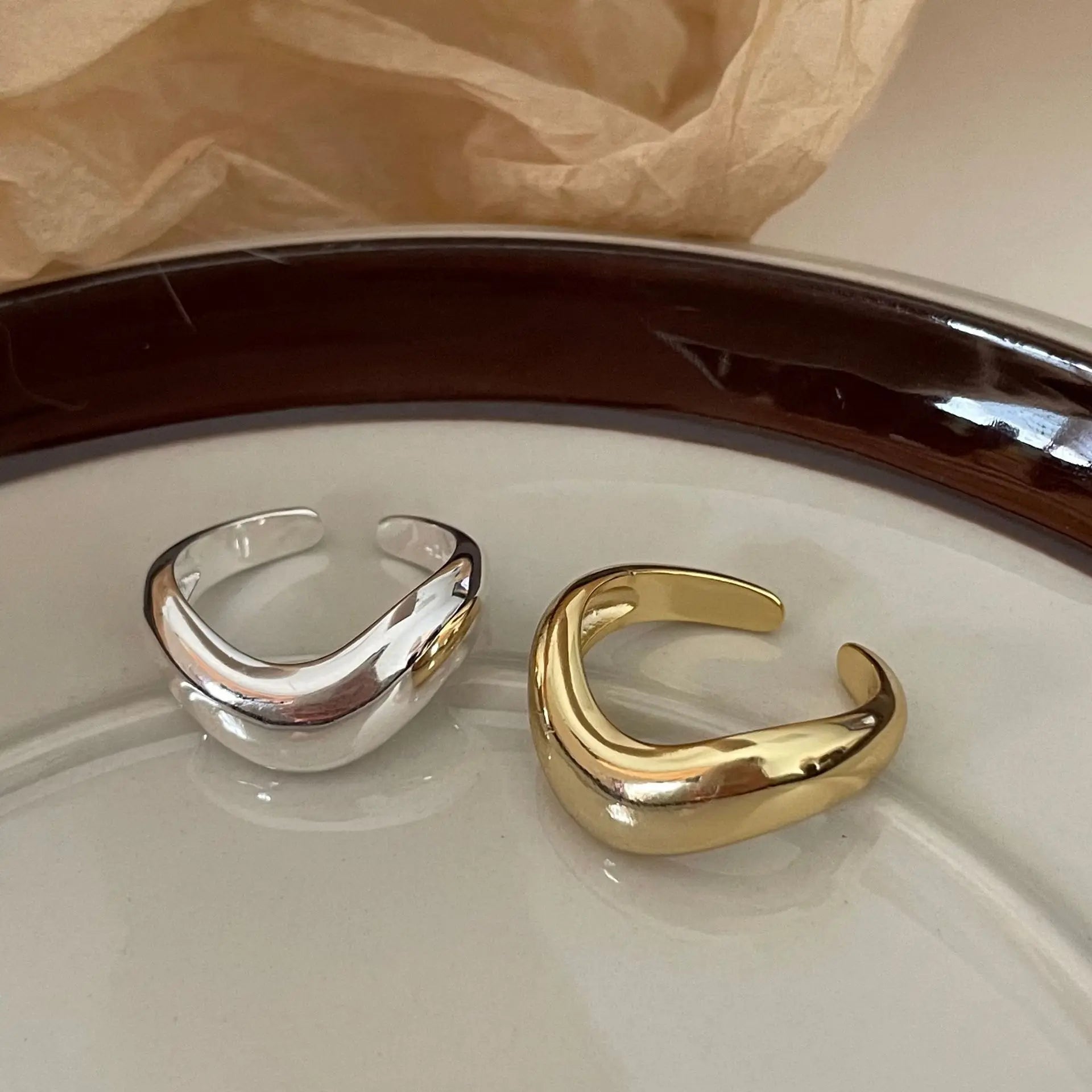 Irregular Design Gold Plated S925 Sterling Silver Simple Design Cold Wind Bend Open Adjustable Rings for Women J1830