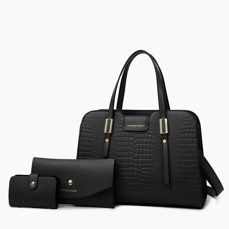 2023 Women's Casual Tote Designer Bag Set 3pcs Soft PU Leather Lining Logo Print Solid Color Zipper Closure Durable for Daily