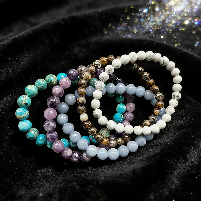 Handmade Natural Stretch Beads Jade Angelite Brown Fire Lace Opal Howlite Imperial Jasper Lepidolite Beaded Healing Bracelets