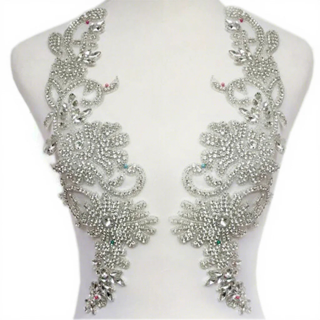 Wholesale Factory Small Quantity Pair or Single Handmade for Bridal Wedding Dress Beaded Bodice Patch Rhinestone Applique