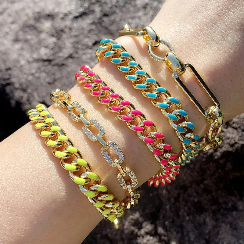 Jachon Women Punk 18K Gold Plated Multicolor Chunky Chain Bracelet Oil Drip Enamel Cuban Link Bracelet
