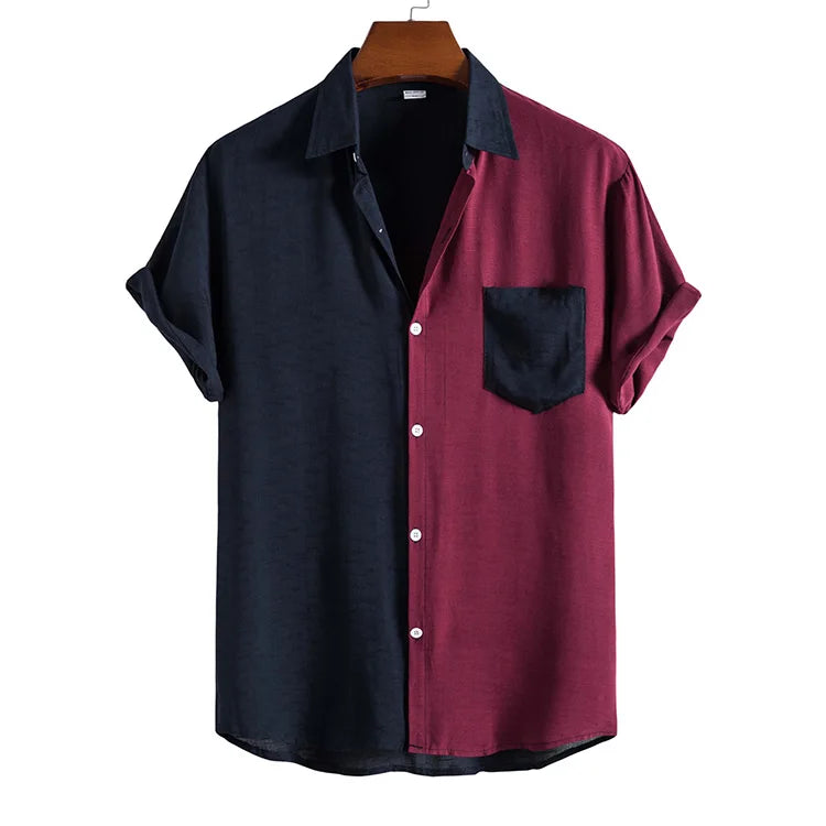 RTS Men's Fashion Casual Patchwork Short-sleeved Mens Sheer Loose Summer Shirts for Men