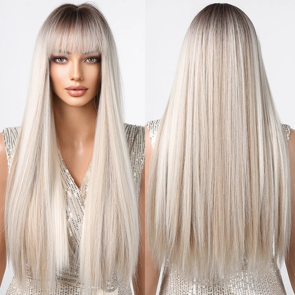 Factory Fast Delivery Long Straight Synthetic Wig with Bang Platinum Blonde Light Brown Hair Wig for Women Heat Resistant