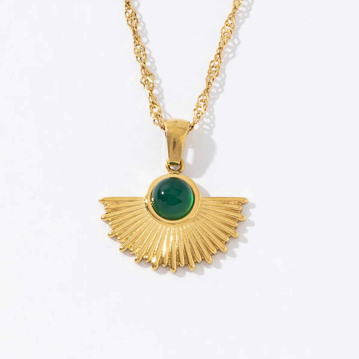Trendy Fashion Golden Chain Stainless Steel Turquoise Malachite Fan Shape Pendant Necklace for Women
