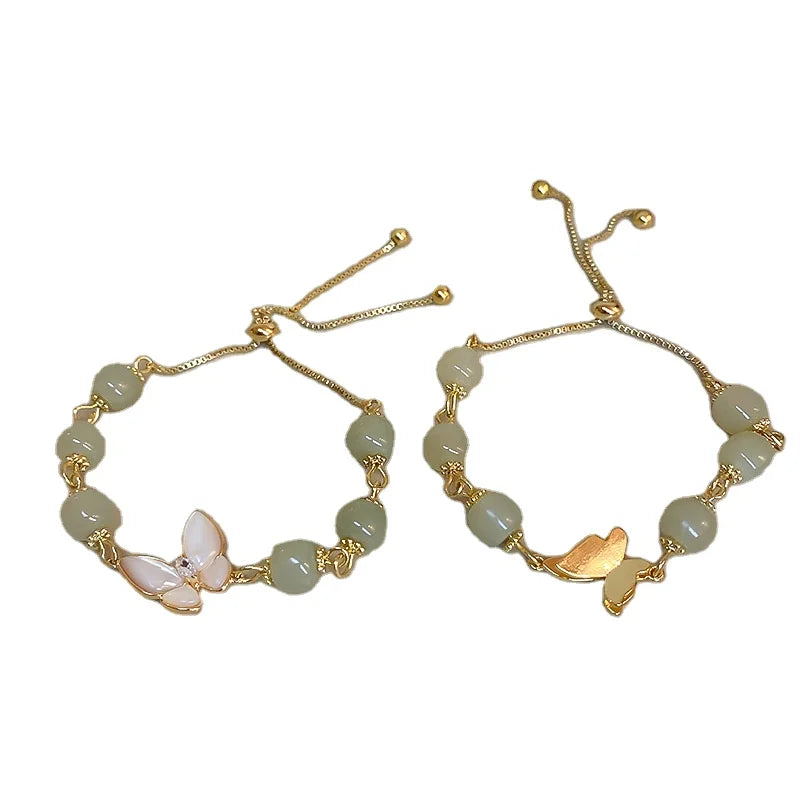 Jade Beads Butterfly Bracelet Women Men Couple Drawing Cat Eye Stone Charm Adjustable Beaded Bracelets Best Friend Jewelry Gifts