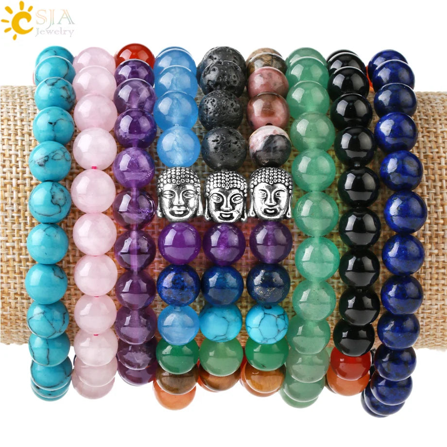 CSJA Fashion Jewelry Bracelets Buddha Head Reiki Energy Natural Gemstone Amethyst 7 Chakra Healing Crystals Beaded Bracelet G868