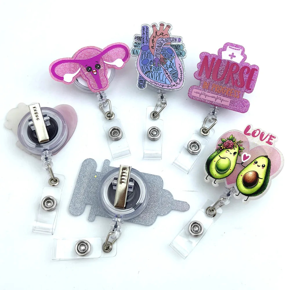 Wholesale or Custom Acrylic Cute Nurse Alligator Clip Badge Reel Badge Reel Holder Funny Glitter Retractable Nurse Badge Reels