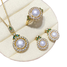 Luxury Round Paving Bling Zircon Freshwater Pearl Earrings Necklace Set Christmas Gift Jewelry Set for Women