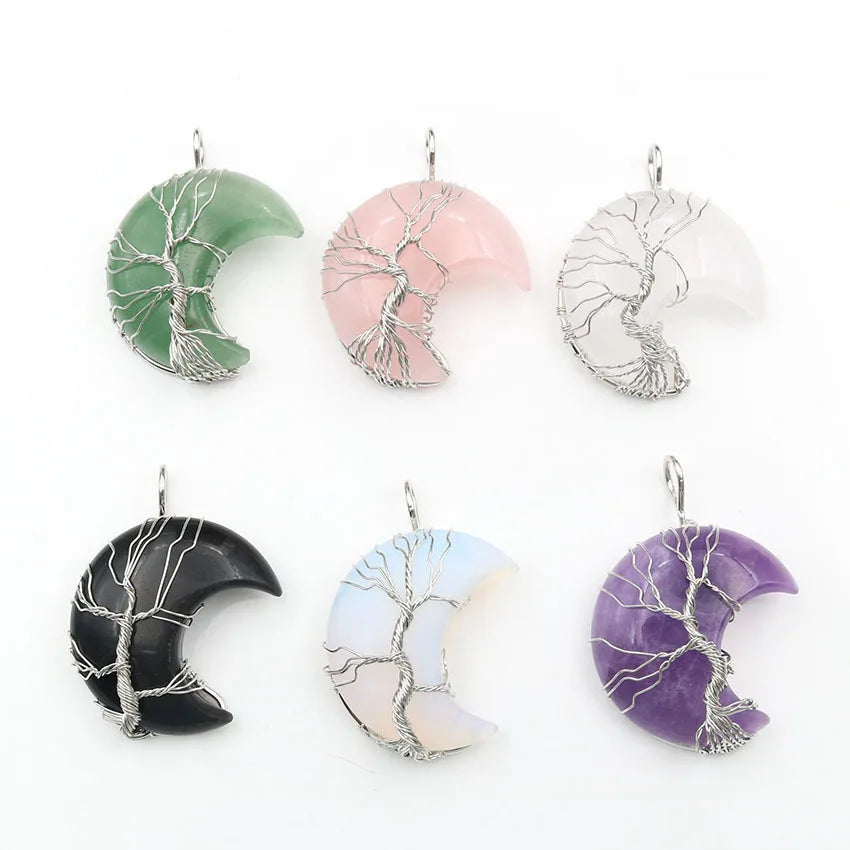 Tree of Life Wire Wrapped Crescent Moon Pendant Necklace Healing Crystal Stone Necklaces Natural Gemstone Quartz Pendant