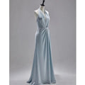 2024 Halter Sleeveless Blue Natural Waistline Embroidery Maxi Floor Length Ball Gown Eco-Friendly Bridesmaid Party Dress