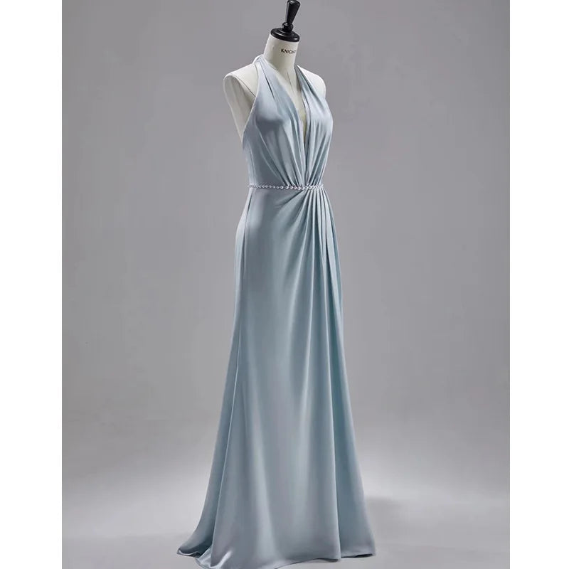 2024 Halter Sleeveless Blue Natural Waistline Embroidery Maxi Floor Length Ball Gown Eco-Friendly Bridesmaid Party Dress