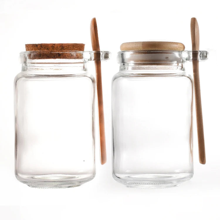 New 350ml Clear Glass Sugar Jar with Cork Seal Wide Neck Round Unique Honey Jars with Lid and Spoon for Candies
