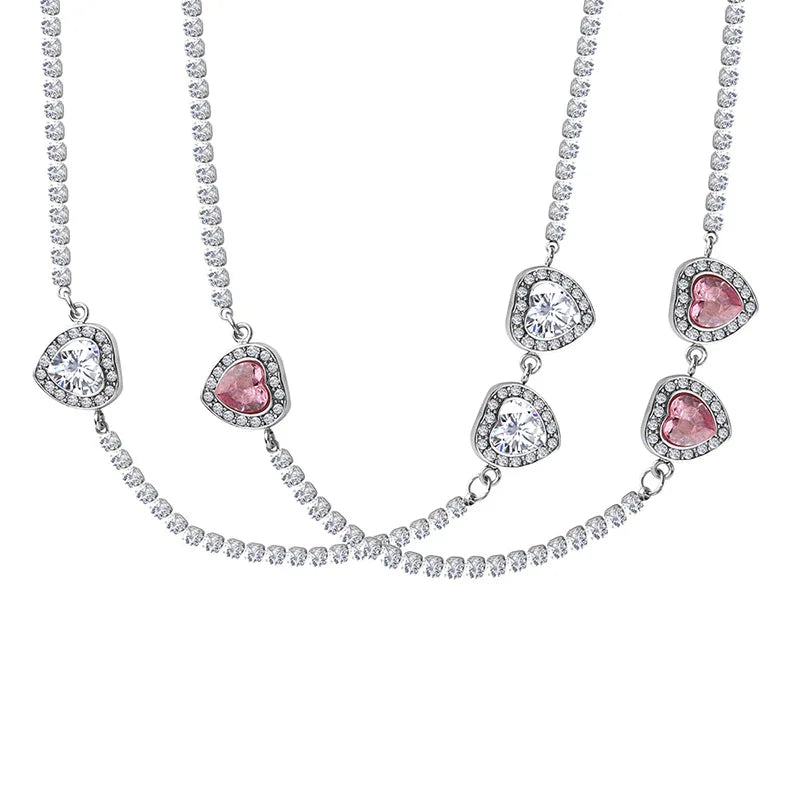 New Design Women Fashion Jewelry 316L Stainless Steel Tennis Chain Heart Zircon Necklace