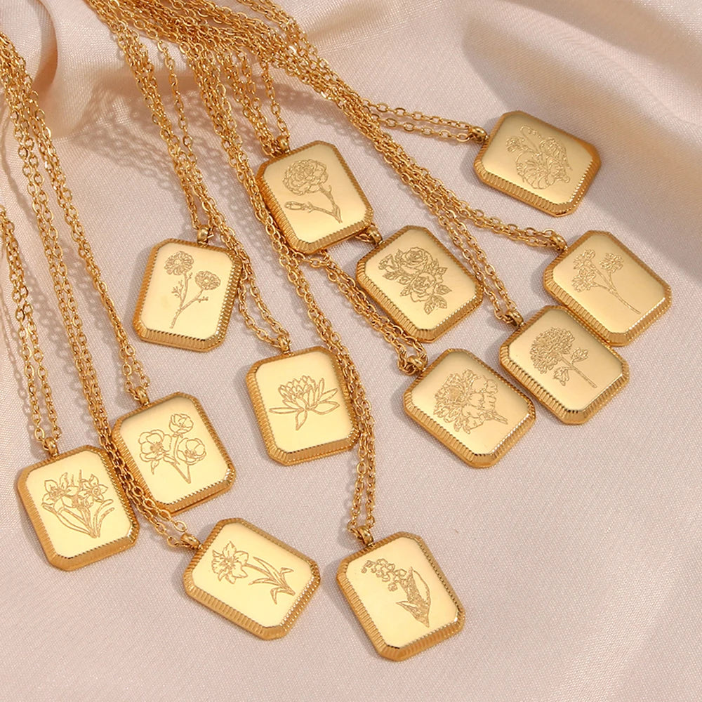 Birth Flower Necklace Gold Plated Jewelry Engraved Stainless Steel Pendant Necklace Jewelry Making Supplies