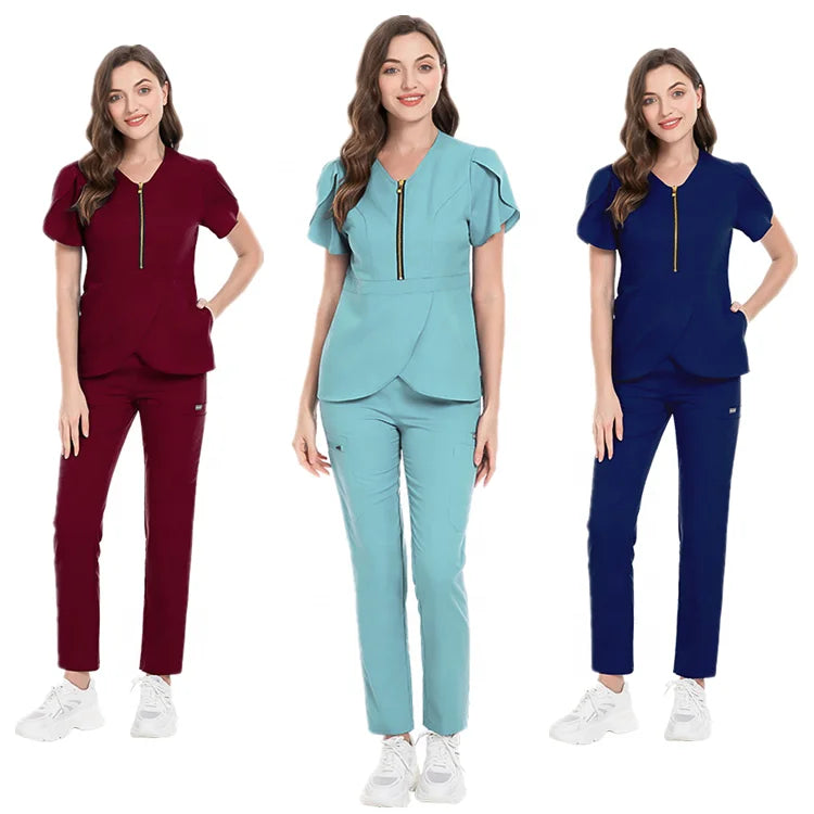 4 Way Stretch Elastic Rayon Women Men Unisex Nurse Doctor Hospital Medical Work Uniform Top Pant Zip Scrubs Set Scrubs Suit