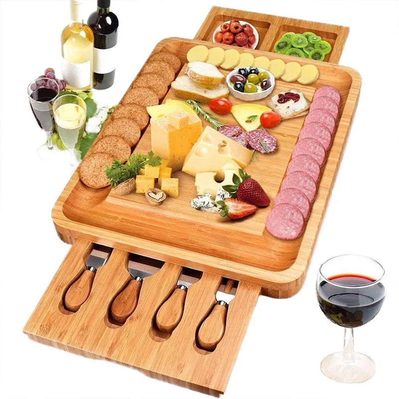 Custom Rectangle Wood Cheese Board Serving Tray Kitchen Party Bamboo Cheese Board with Drawer and Knife Set