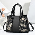 Black National Embroidery Pu High Quality Fashion Women's Casual Tote Bag with Flowers Waterproof Big Capacity