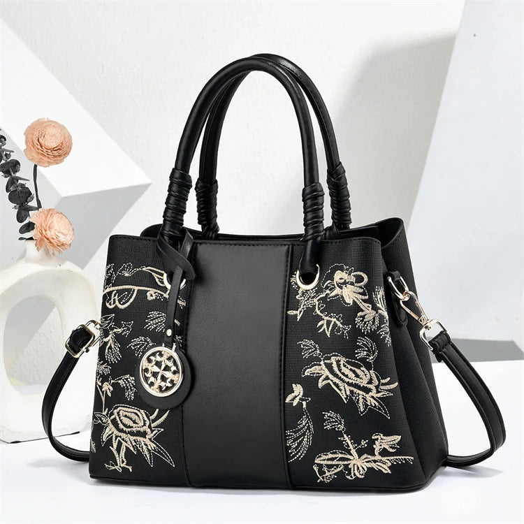Black National Embroidery Pu High Quality Fashion Women's Casual Tote Bag with Flowers Waterproof Big Capacity