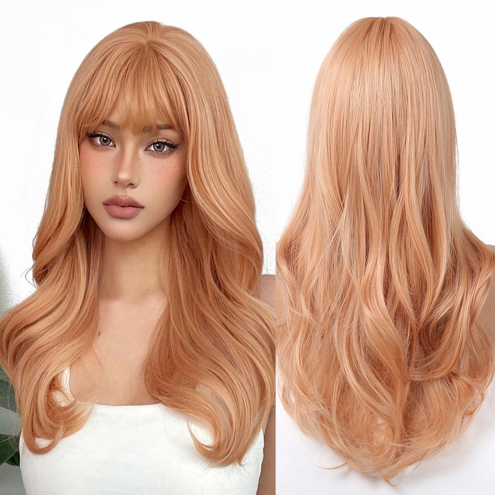 Factory Wholesale Price Warm Golden Blonde Long Wavy Synthetic Wigs with Bangs for Women Afro Curly Wave Hair