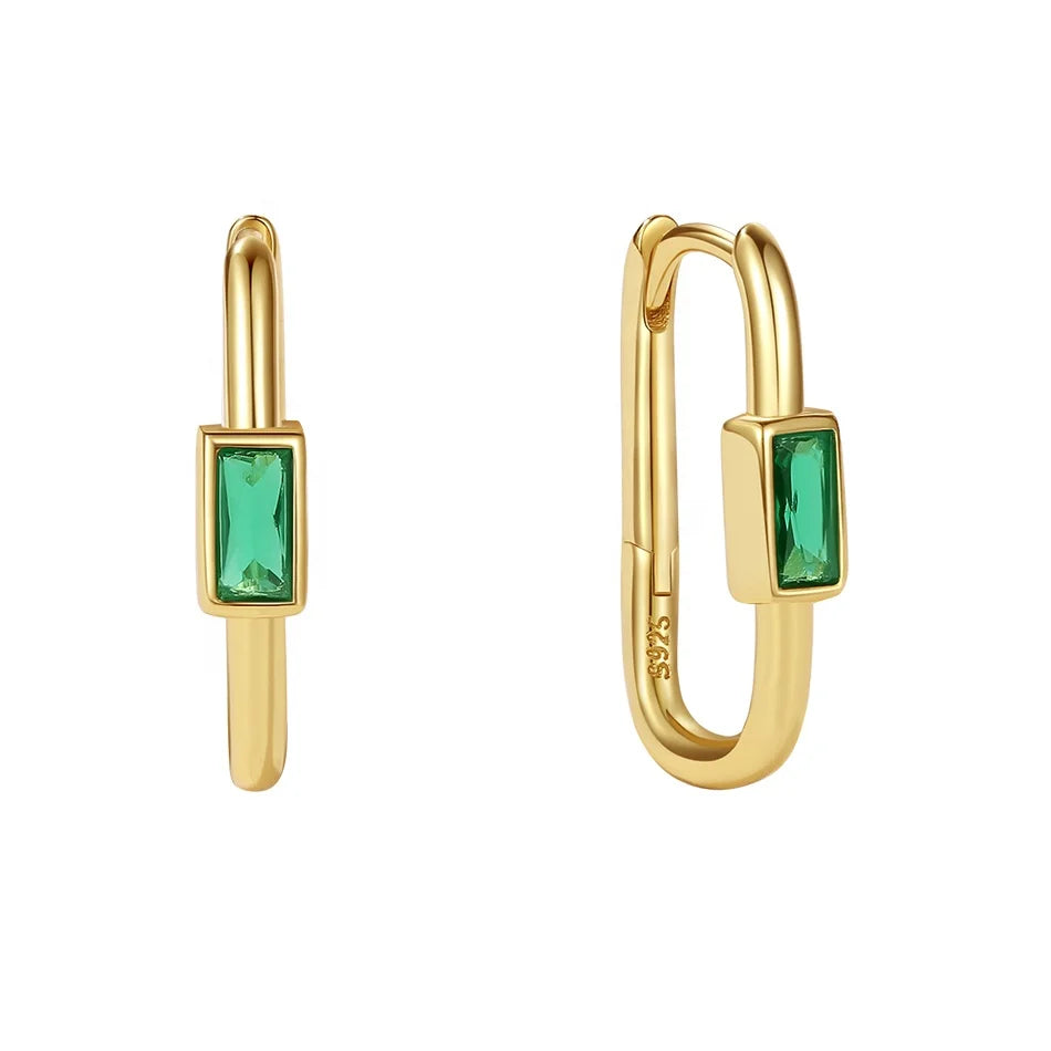Nagosa Simple 925 Sterling Silver Custom 18kt 14kt Gold Vermeil Bezel Green Cz Geometry Huggie Hoop Earrings