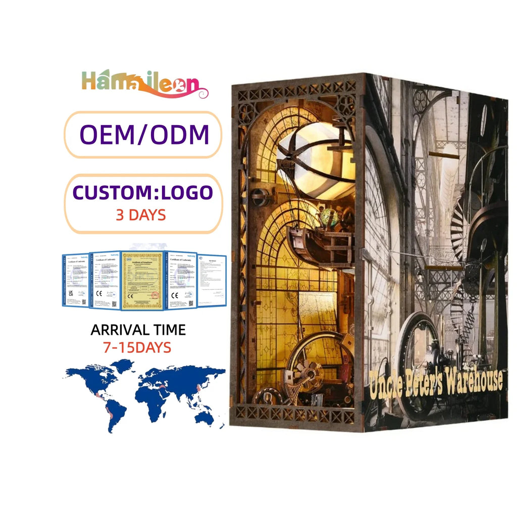 Newest Hamaileon YM05 Uncle Peter's Warehouse 3D Book Nook Kit Bookends Puzzle DIY Book Nook with LED Light