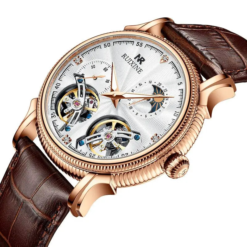 RUIXINE Brand R7121 Diamond Genuine Leather Moon Men Watch Wristwatches Stainless Steel Fully Automatic Mechanical Watches MegaBDM