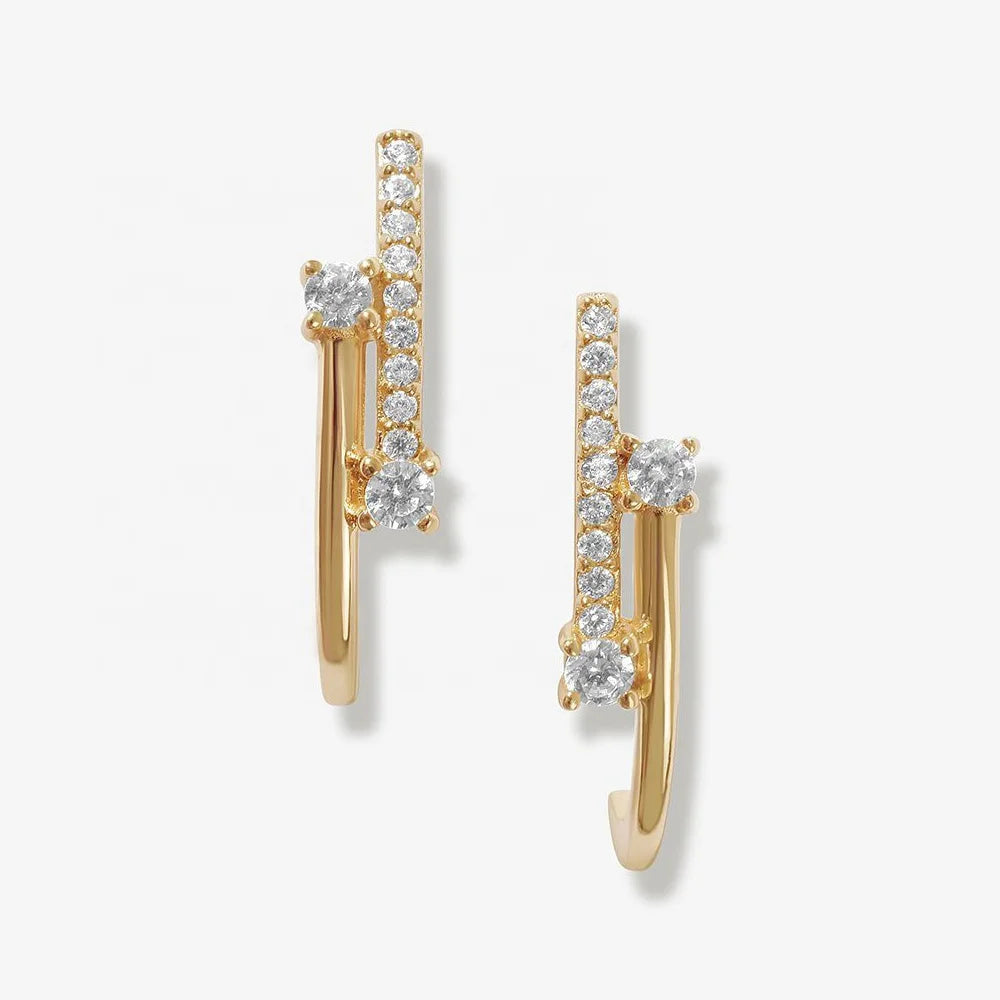 LOZRUNVE 925 Sterling Silver Gold Plating Filled Pave CZ J Hook Huggie Stud Earring Ear Cuff Set