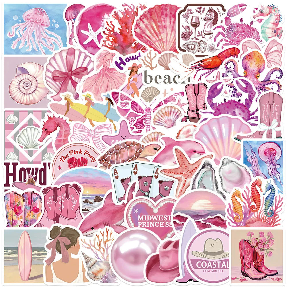 50Pcs Cartoon Pink Coastal Cowgirl Graffiti Stickers for Luggage Laptop Decor Creative Ocean Beach Sticker