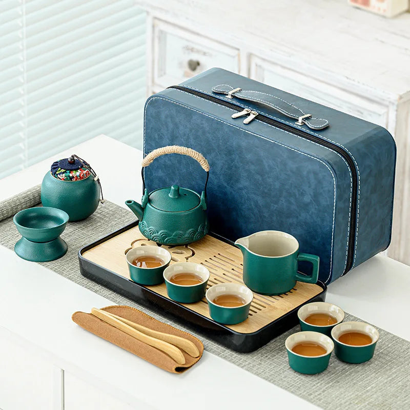 Portable Vintage Japanese Tea Tray Set Small Reusable Ceramic and Metal Teacup for Outdoor Travel Cute Design for Home Use