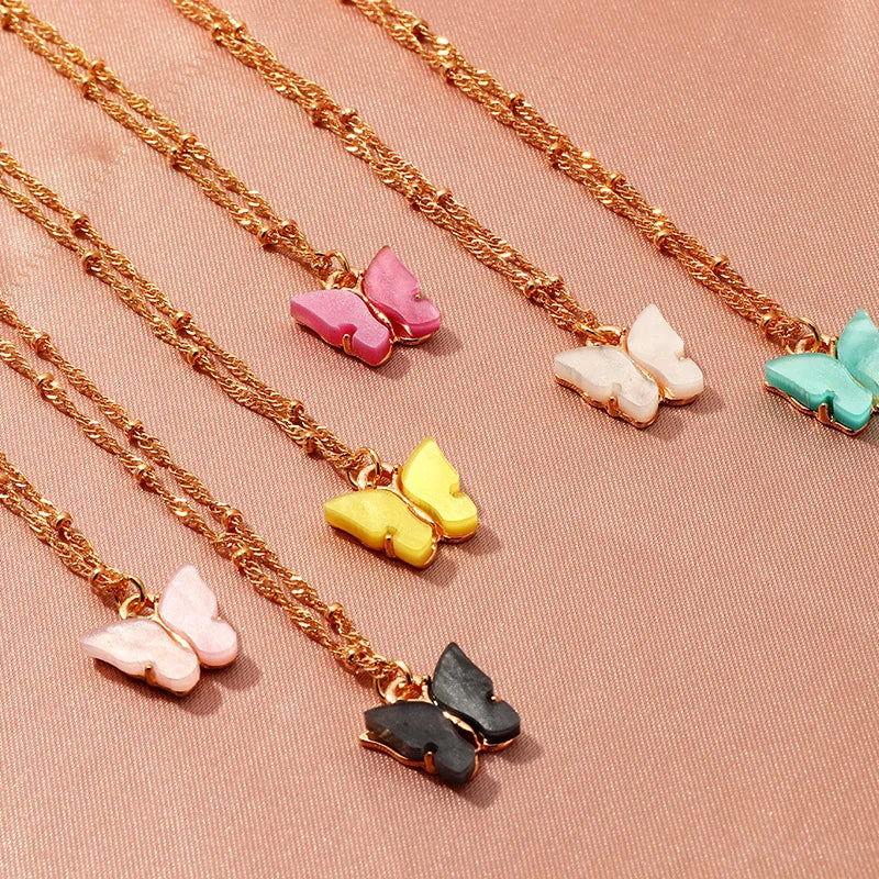 Wholesale Gold Plated Beaded Chain Acrylic Butterfly Pendant  Necklace