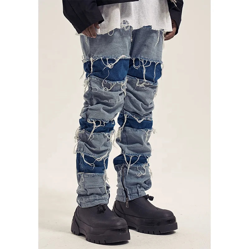 OEM FOG Private Blue Fashion Brand Drop Shipping Stock Ripped  Patch Jeans Men