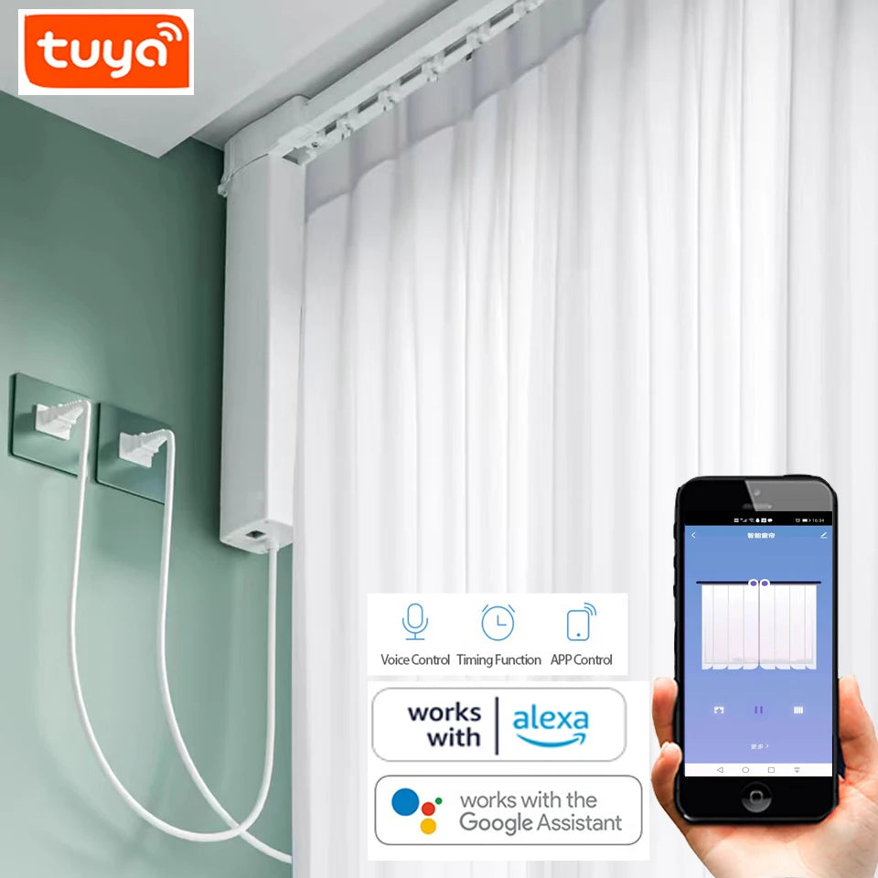 Google Home & Alexa Compatible Tuya WiFi Curtain Motor Smart Electric Motorized Curtain for Automatic Open & Close Living Room