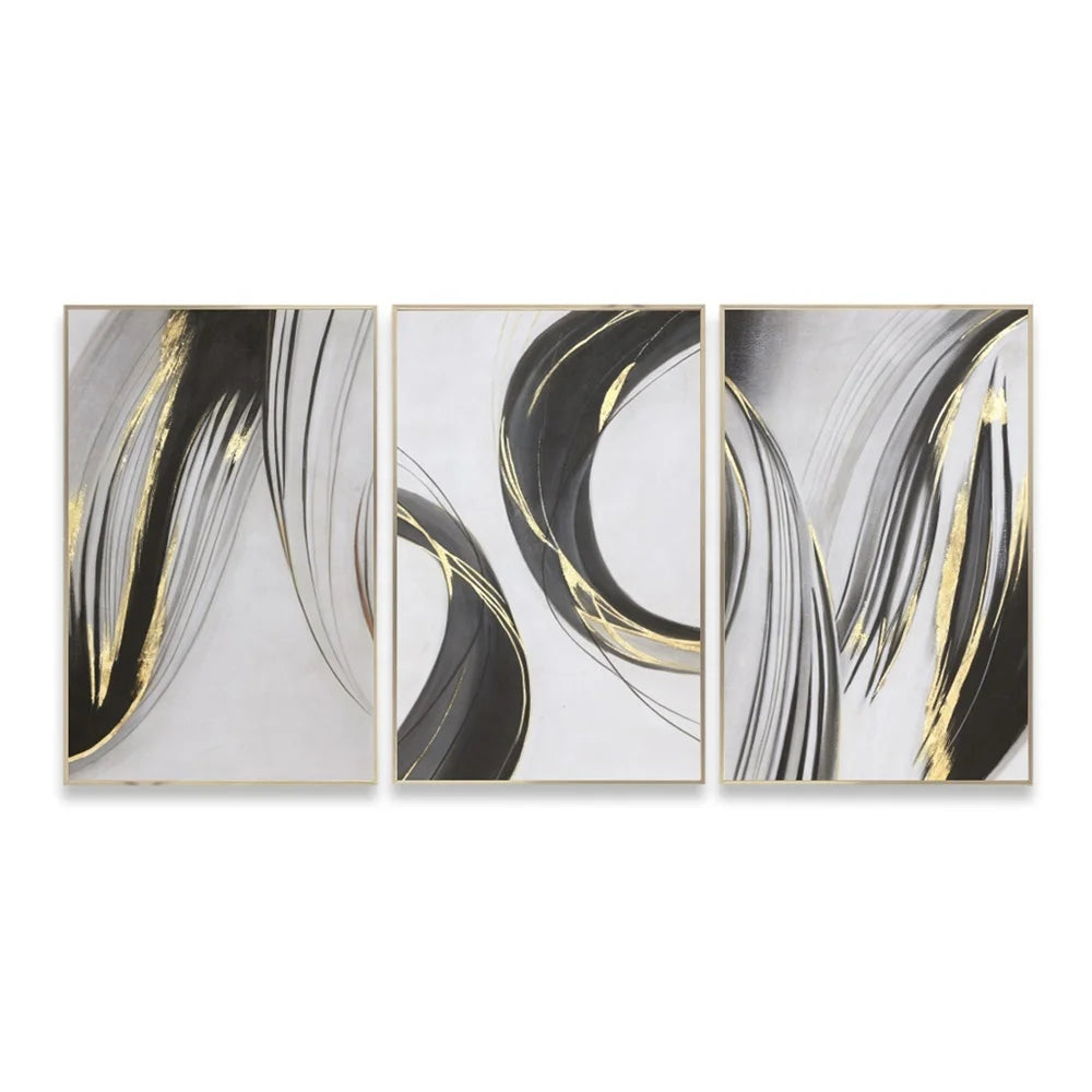 Three Panels Abstract Acrylic Painting Modern Gold Foil Nordic Home Decor Abstract Oil Painting