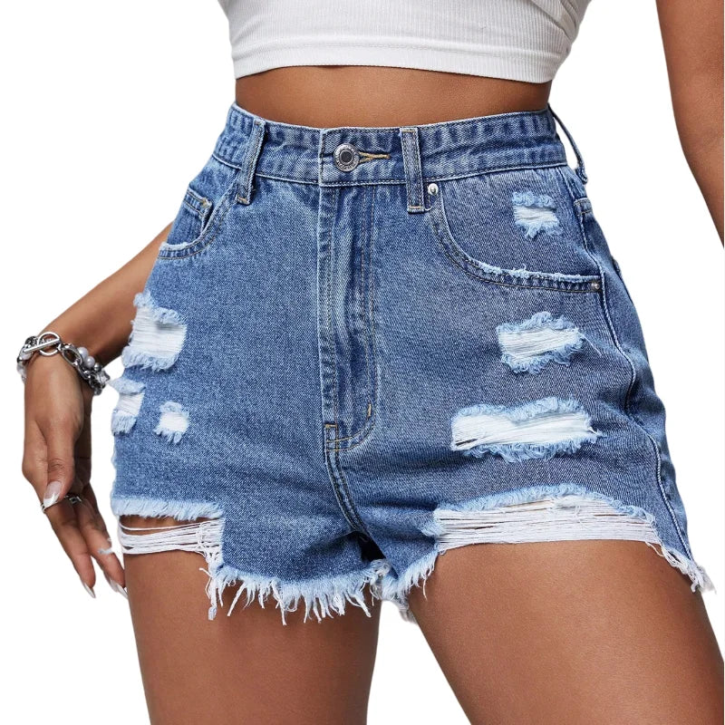 Women's Casual High Waist Breathable Ripped Denim Shorts Hot Pants with Straight Style Pour Femmes