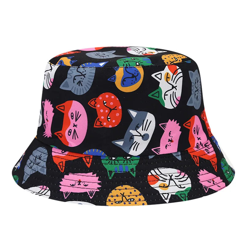 KIDS Summer Outdoor Sunscreen Reversible Fisherman Hat Animal Pattern Boys Girls Kids Cartoon Cat Children Bucket Hat