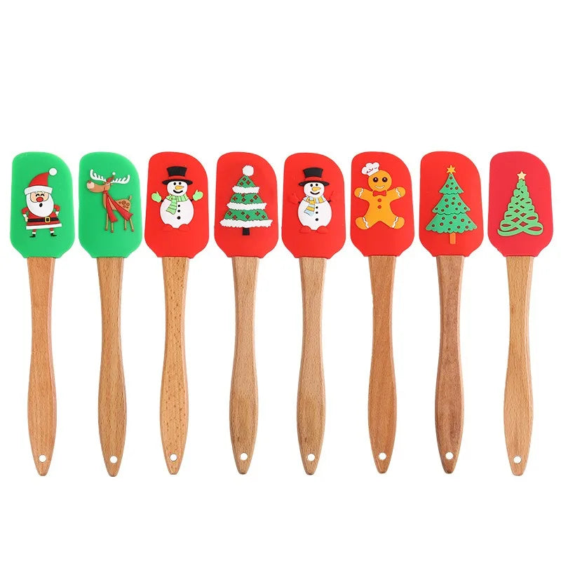 Christmas Red Silicone Cookie Spatula with Wooden Handle Baking Scraper for Cake Cream Kitchen Spatula