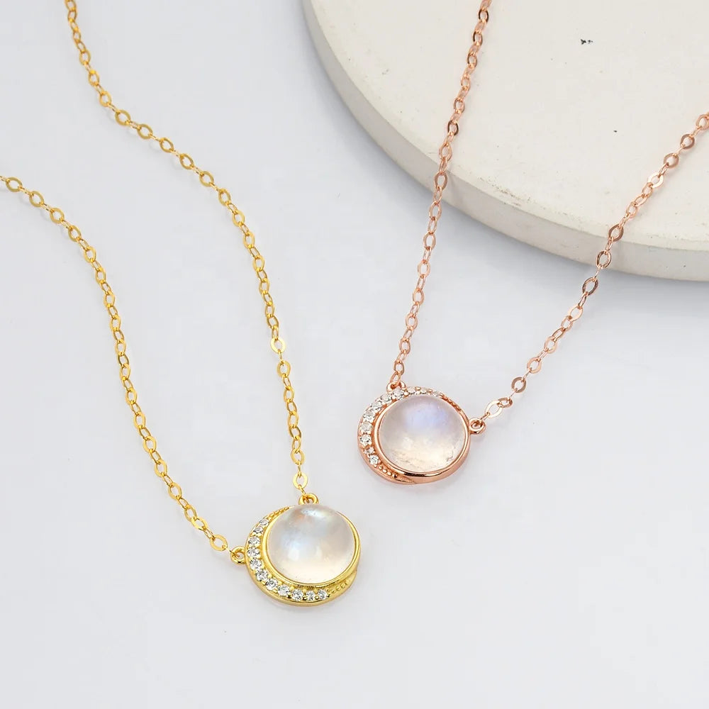 Gold Plated  Sterling Silver Moon and Sun Women Luxury Fine Jewelry Pendant Necklace Rainbow Moonstone Necklace
