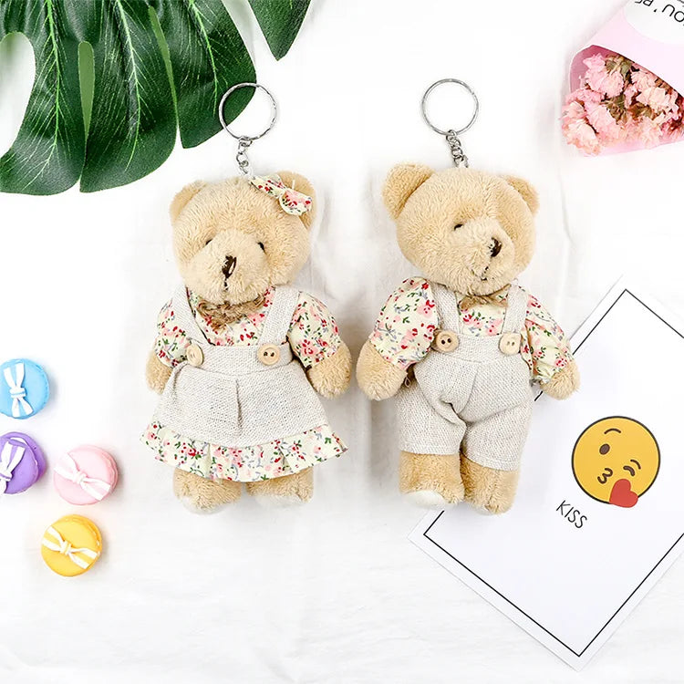 Overall Rompers Mini Bear Couple Plush Pendant Floral Dress Hanging With Cute Rabbit Plush Keychain for Lovers