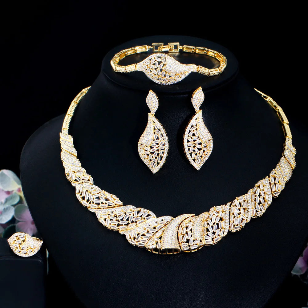 4pcs Luxury Chunky CZ Nigeria 18K Brazilian Gold Plated Dubai Necklace Jewelry Sets for Women Wedding Bridal Dress Accessories