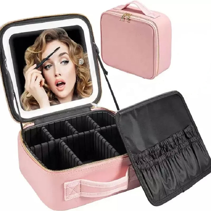 LED Cosmetic Bag With Mirror Cosmetics Case Large Capacity Fashion Pink Portable Storage Bag Travel Makeup Bags