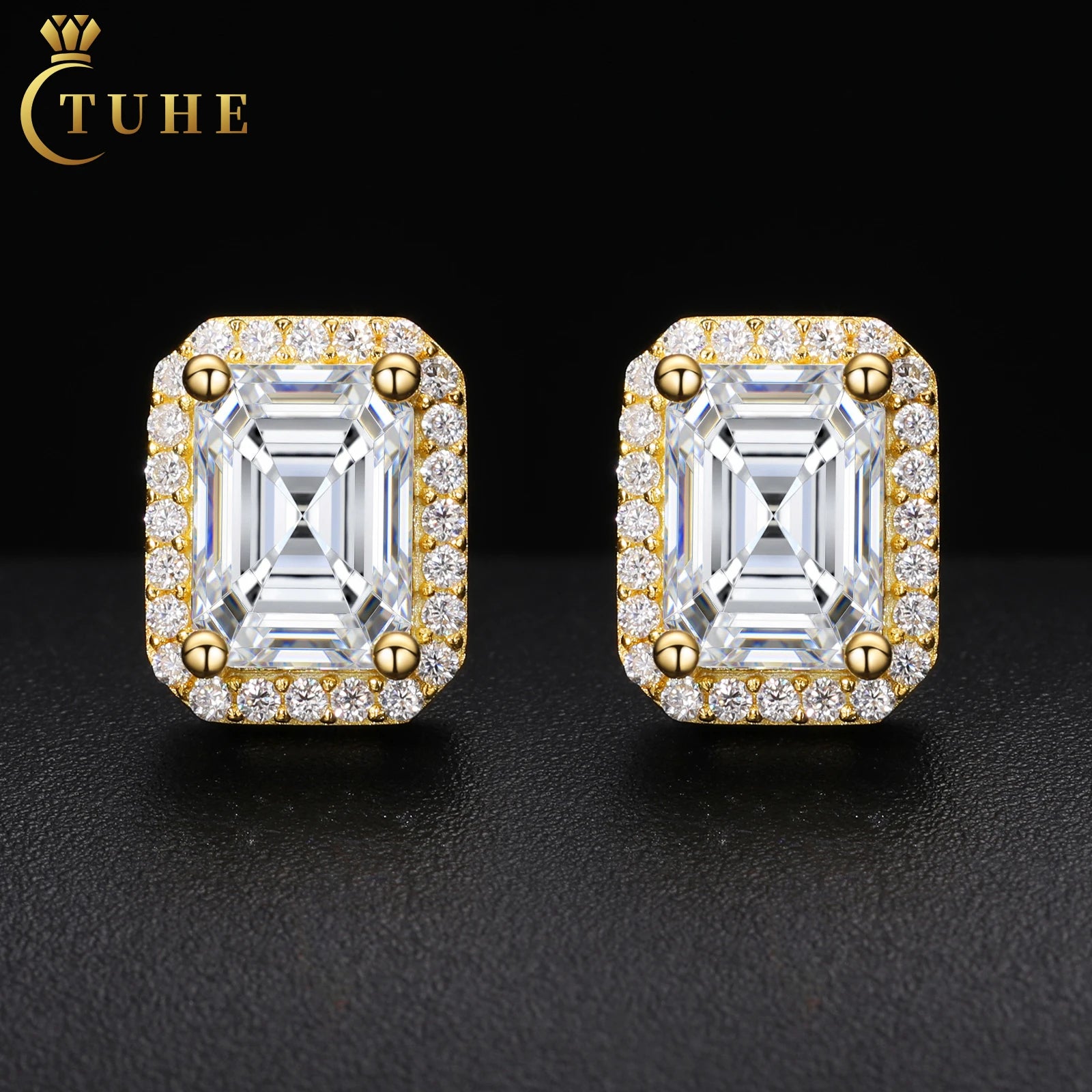 Factory Wholesale Luxury Rappers Jewelry Hip Hop Men 2.46ct Emarald Cut VVS Baguette Moissanite Diamond Halo Stud Earrings
