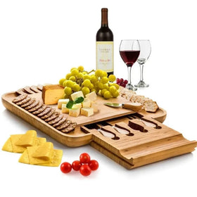 Old Carpenter 4 Knives and Slide Out Drawer Best for Housewarming and Birthday Gift Cheese Board Set