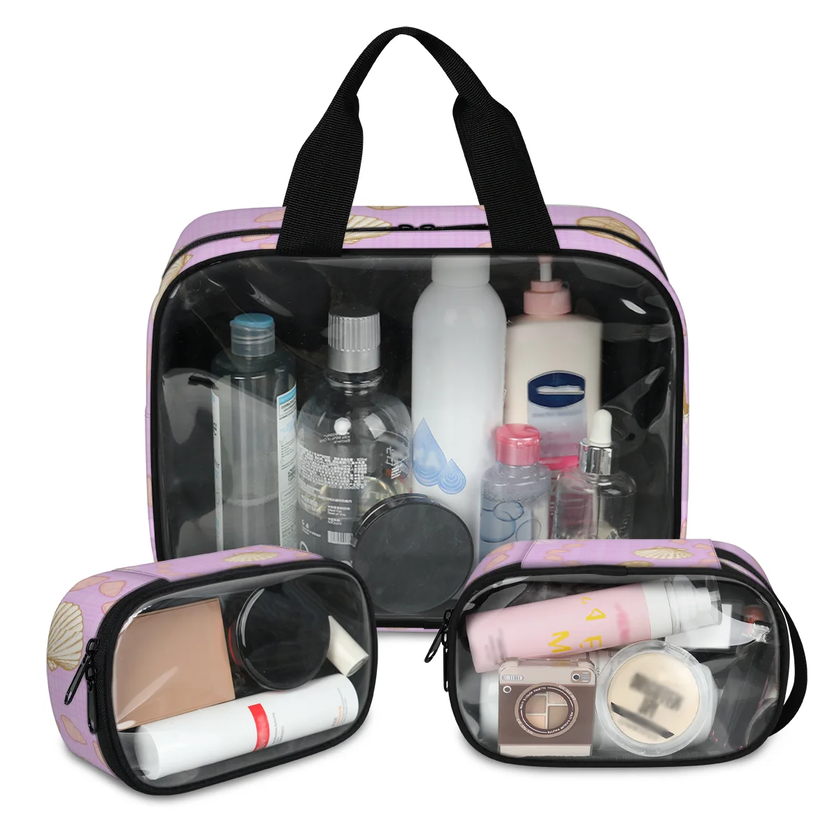 Custom Logo Fashion Pink Portable Large Capacity Cute Pvc Plastic Transparent Tsa Approved Clear Toiletry Travel Bag Set Unisex