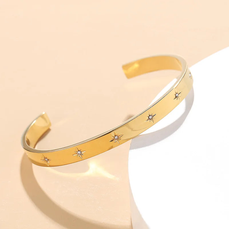 Cheap Jewelry 18K Gold Plated Stainless Steel CZ Setting Star Open Size Cuff Bangle for Luxury Women Jewelry