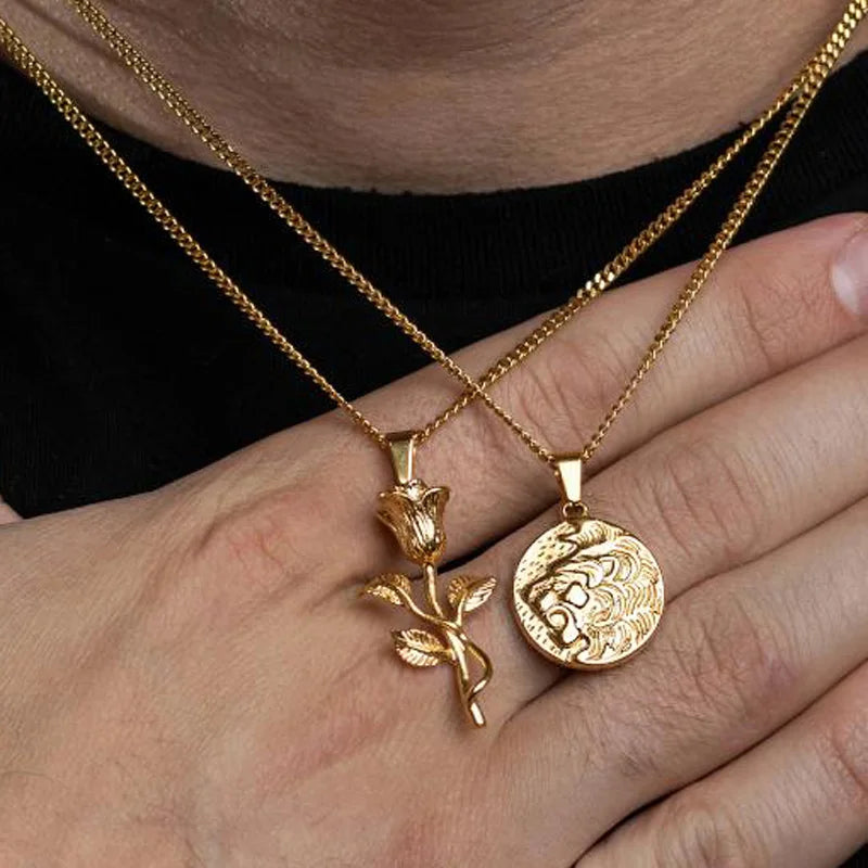 Stainless Steel Lion Head Pendant 18k Gold Floral Charm Rose Necklace Hiphops Men Animal Jewelry Judah Lion Necklace