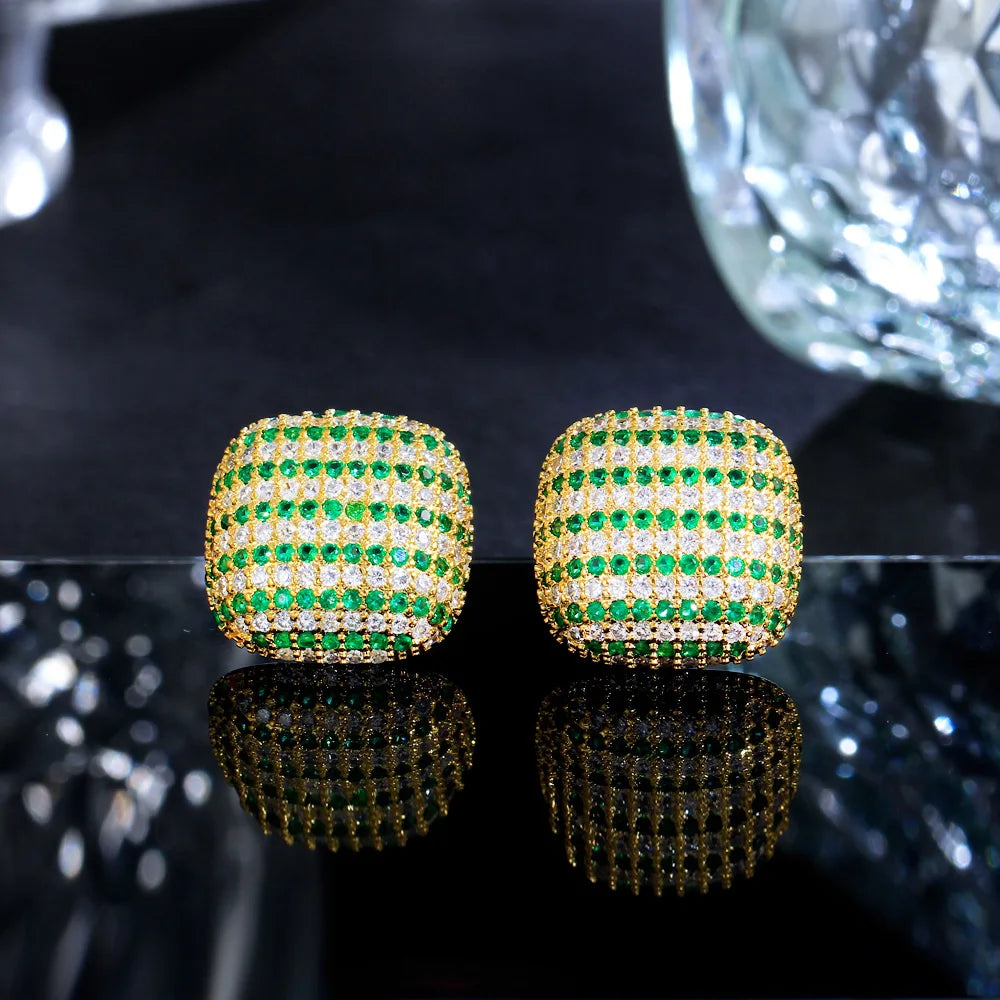 Top Gorgeous Micro Pave Green Cubic Zirconia Stone Yellow Gold Plated Square Big Stud Earrings CZ Jewelry for Women Daily Wear
