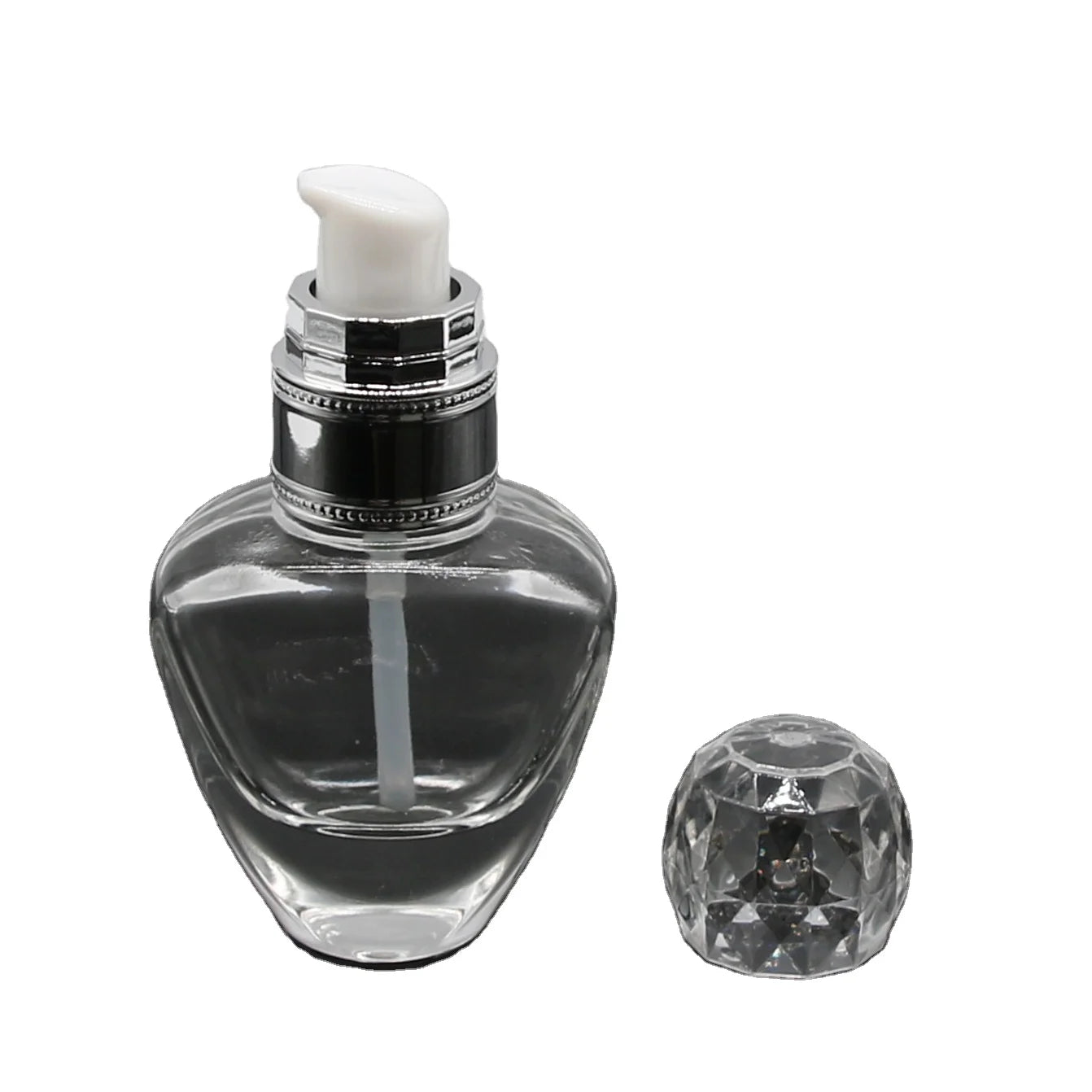 Wholesale Stocked Fancy Serum Bottle Container Empty Heart Shaped Glass Bottle with Press Pump Cap