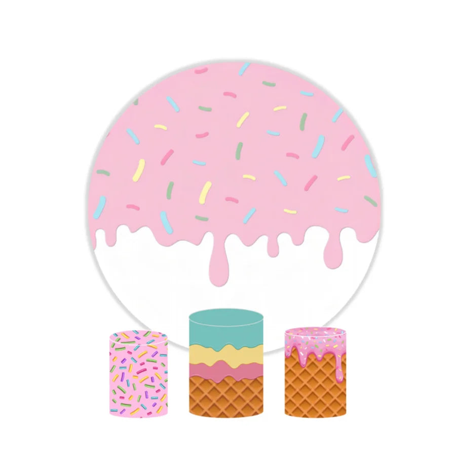 Custom 5FT 6FT 7.2FT Doughnut Theme Backdrop Birthday With Dessert Plinth Cylinder Decoration Fabric Round Background Stand