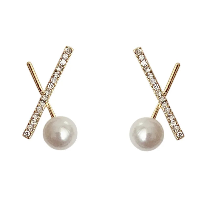 AA00805 X Shape Diamond Pearl Earrings Female Cold Wind Simple Temperament Fashion Ear Studs Earring